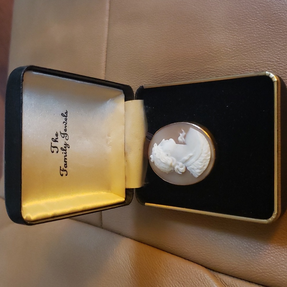 Oval shell cameo brooch in a simple 10K yellow gold bezel setting.